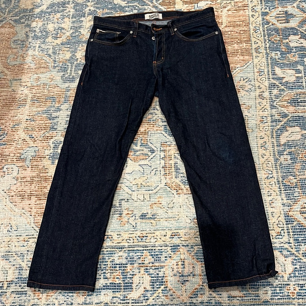 Dark wash n & f jeans  w orange stitching and leather tag - straight leg 34x30